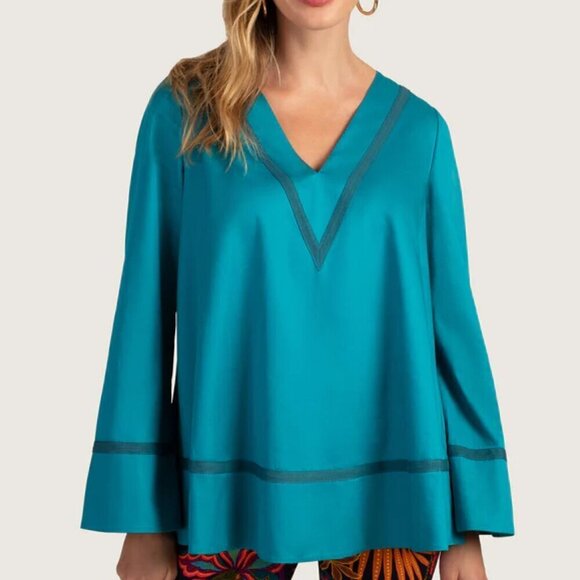 Trina Turk 'Fame' Long-Sleeve Cotton-Sateen Tunic Top Bahia Blue